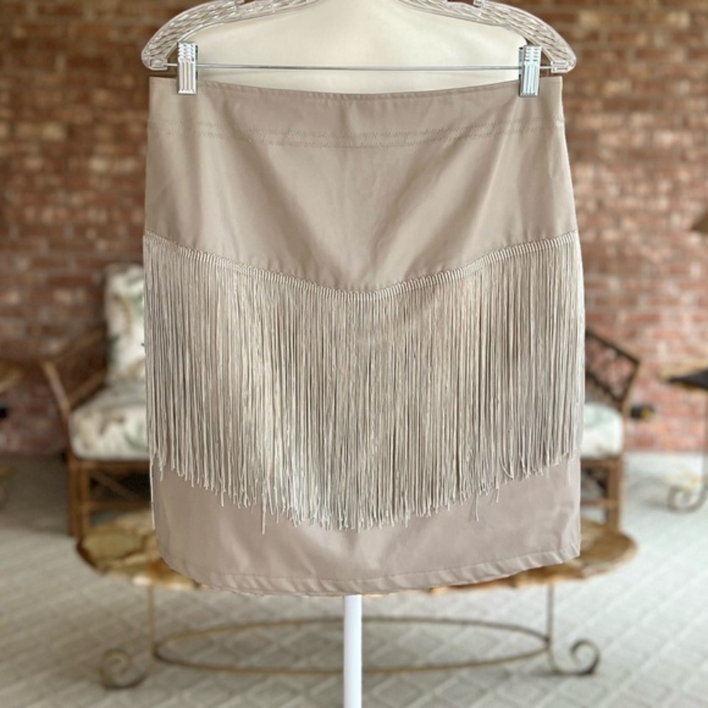 PrettyLittleThing Beige Fringe Faux Leather Skirt 10 Cowgirl Western